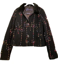 TSUNAMI ESQ Embroidered Wool Blend Art Jacket Wood Buttons Pockets Black Multi M
