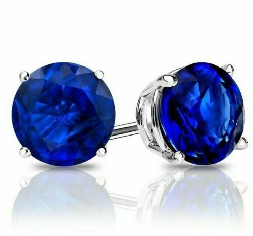 925 Sterling Silver Round Cut Lab Created Blue Sapphire Round Stud Earrings 6MM - Picture 1 of 7