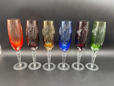 Set of 6 Colors ~ Nachtmann ''TRAUBE''  Cut to Clear ~ Champagne Flutes ~ 9''