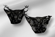 Lot of 2 Black Sheer Floral Embroidery Side Tie String Bikini Panties NOS