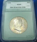 1956 50C Franklin Half Dollar NTC MS66 31461-NTC - green holder! slight rainbow