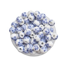 Handmade Porcelain Beads 80PCS Blue Flower Ceramic Beads 10mm Round Porcelain...