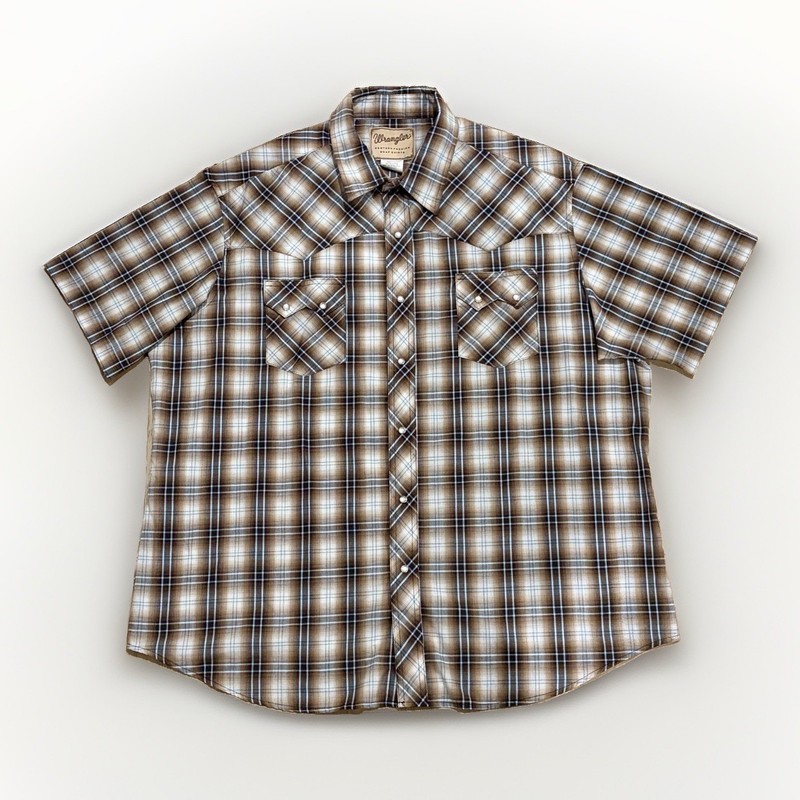 Wrangler Western Snap Shirt Mens XXL Brown Plaid Pearl Snap Short Sleeve