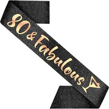 80th Birthday Sash 80 Fabulous Decorations Women Black Glitter 33.5 Inch