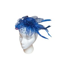Royal Blue Fascinator Clip Polka Dot Netting Feather Derby Wedding Tea Party Hat