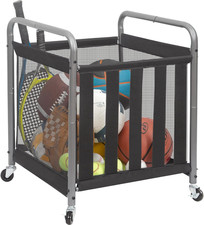 Ball Storage Bin Rolling Sports Ball Cart, Metal Garage Organizer Sport Rack Bas