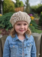 Beige crochet beret with a flower for girl.