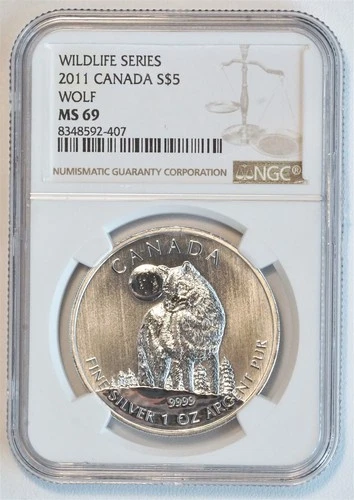 2011 $5 Canada Wildlife Series Wolf 1 ozt Silver Fine (NGC MS69 MS 69) 