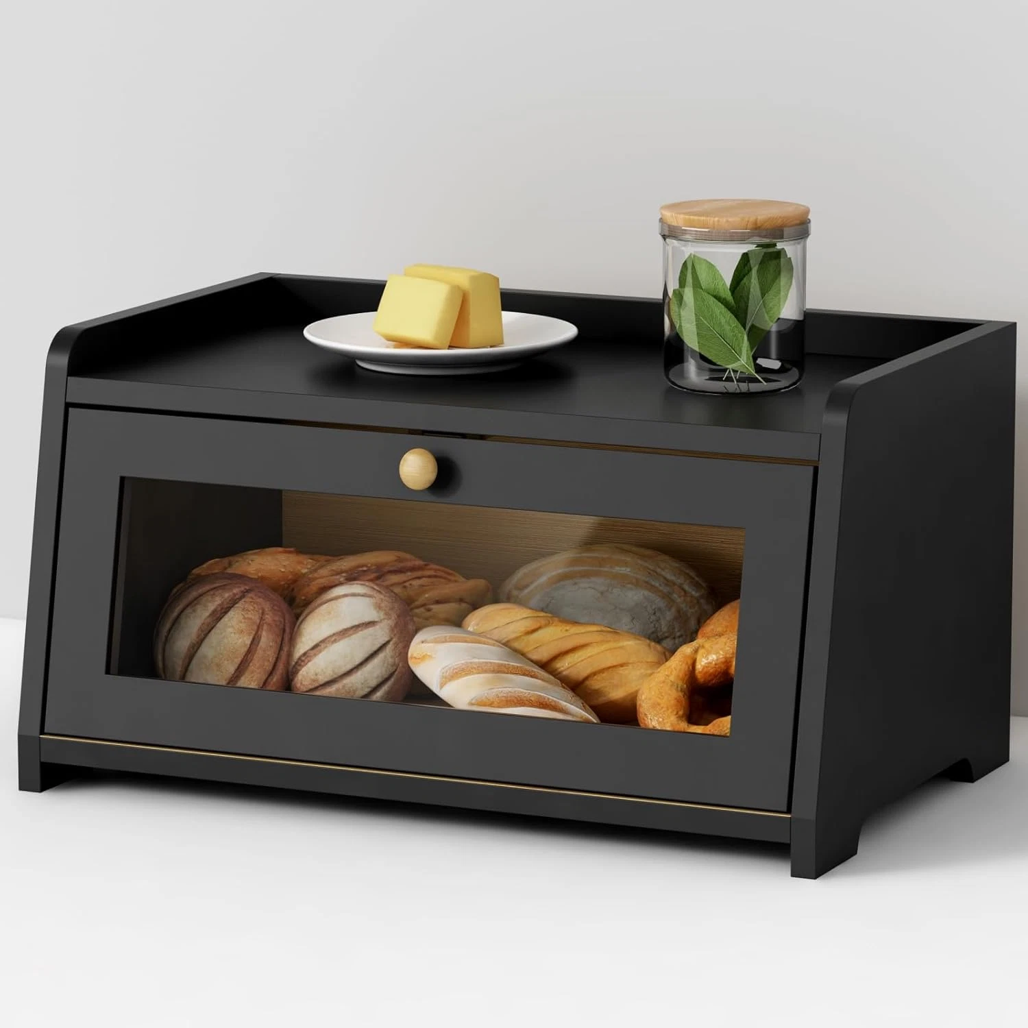 Black Bread Box for Kitchen Countertop, Vintage Wooden Counter Breadbox