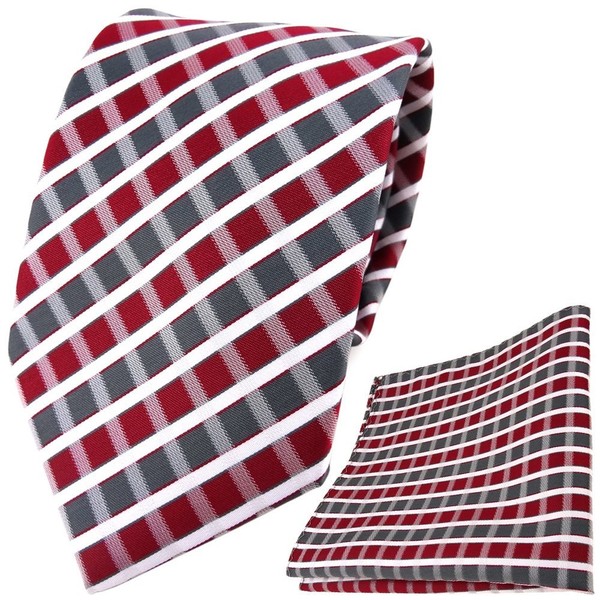 Tigertie Designer Krawatte + Einstecktuch Weinrot Grau Silber Weiss Gestreift-image