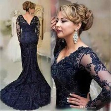 Navy Blue Lace Mermaid Mother of the Bride Dress Plus Size Long Sleeves Gowns  