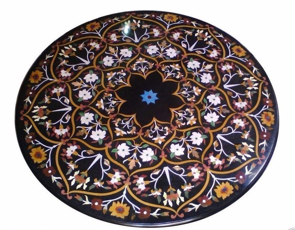 Handmade 42-Inch Marble Round Pietra Dura Table Top Inlay