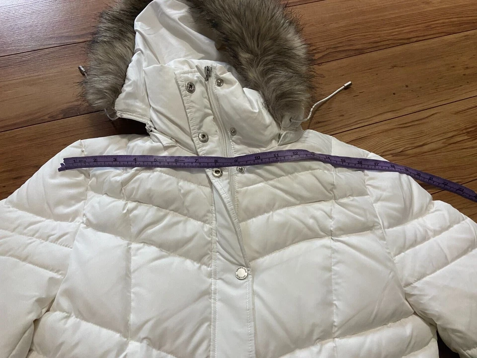 Kenneth Cole Womens Puffer White Jacket Size Medium Brown Faux Fur Trim Coat - Image 4 of 4