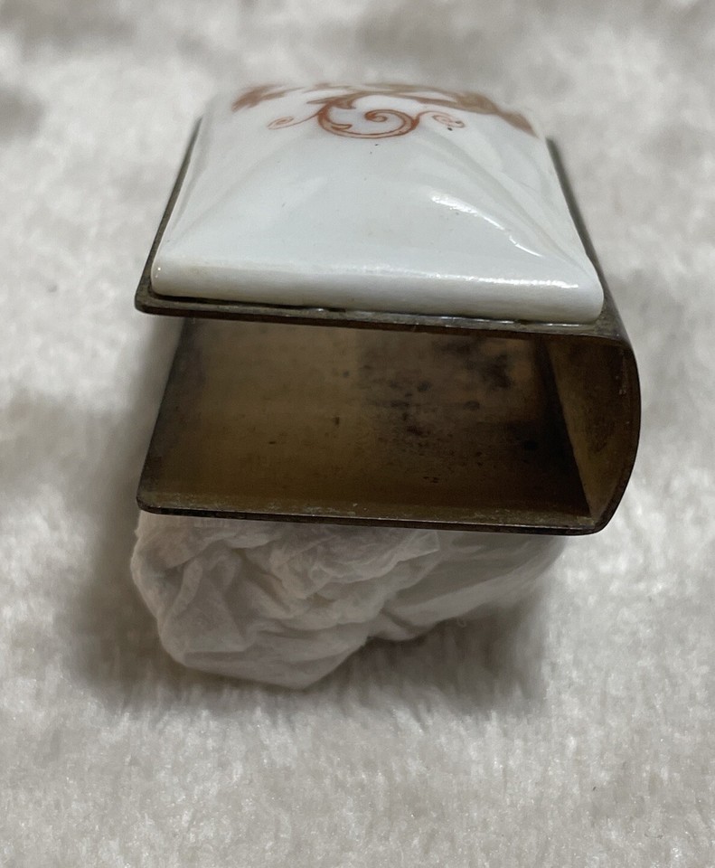 Vintage Porcelain Brass Small Floral Gold White Match Holder Safe Case