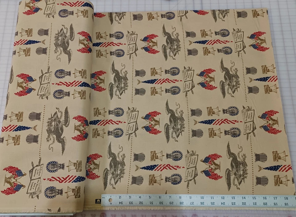Americana Primitive Patriotic Cotton Fabric USA America Eagle Liberty Bell Flag - Image 2 of 2
