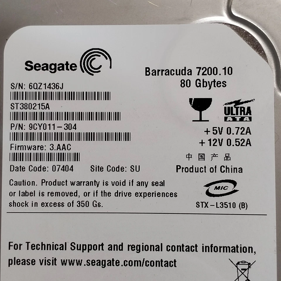 Seagate Barracuda 80GB 3.5" IDE HDD ATA/100 7200 RPM FW 3.AAC ST380215A - Image 2 of 4