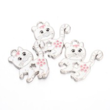 100Pcs White Cat with Flower Alloy Enamel Kitten Pendants with Rhinestone 25.5mm