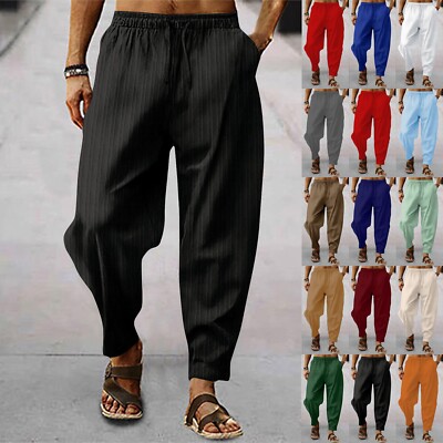 Men's Casual Loose Striped Pants Solid Color Drawstring Cotton Linen Trousers #