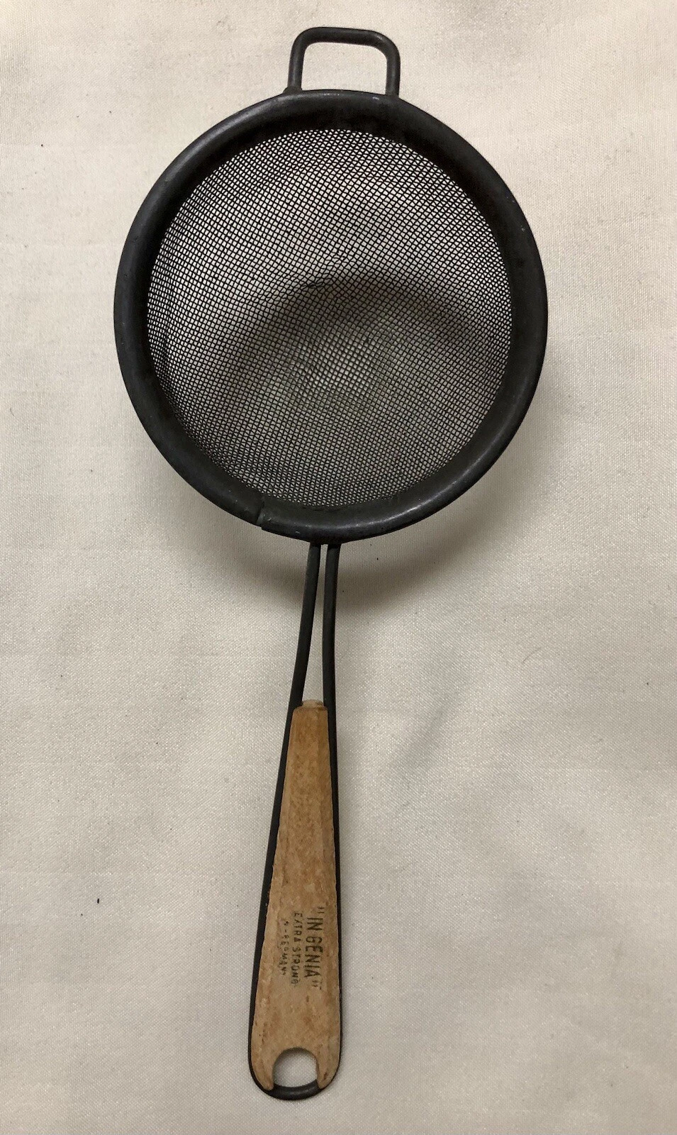 IN GENIA Strainer Extra Strong West Germany Metal Wood Handle 7" ANTIQUE