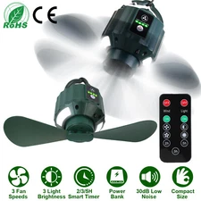 3 Speeds Portable Camping Fan Ceiling Fan with LED Light 10400mAh Power Bank