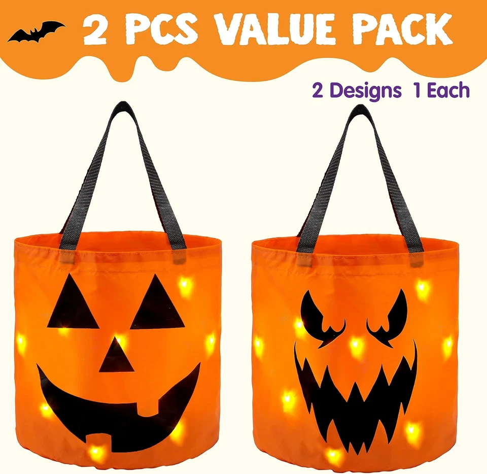 2 PIEZAS Bolsas de truco o trato de Halloween 10 X 11,8 pulgadas Luz LED Naranja Calabaza Bu Foto 2 de 4