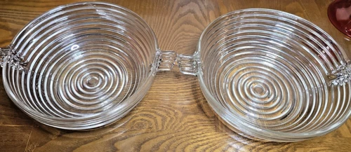 Anchor Hocking Manhattan SET OF 2 Glass Bowls w/ Handles Clear Ribbed Art Deco