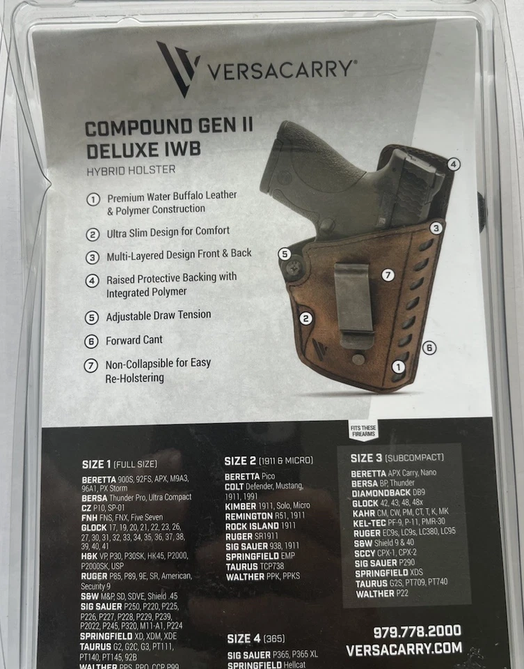 Versacarry VC COMPOUND GEN II HOLSTER IWB KYDEX/LEATHER RH SUB COMP SZ 3 BRN NEW - Image 4 of 4