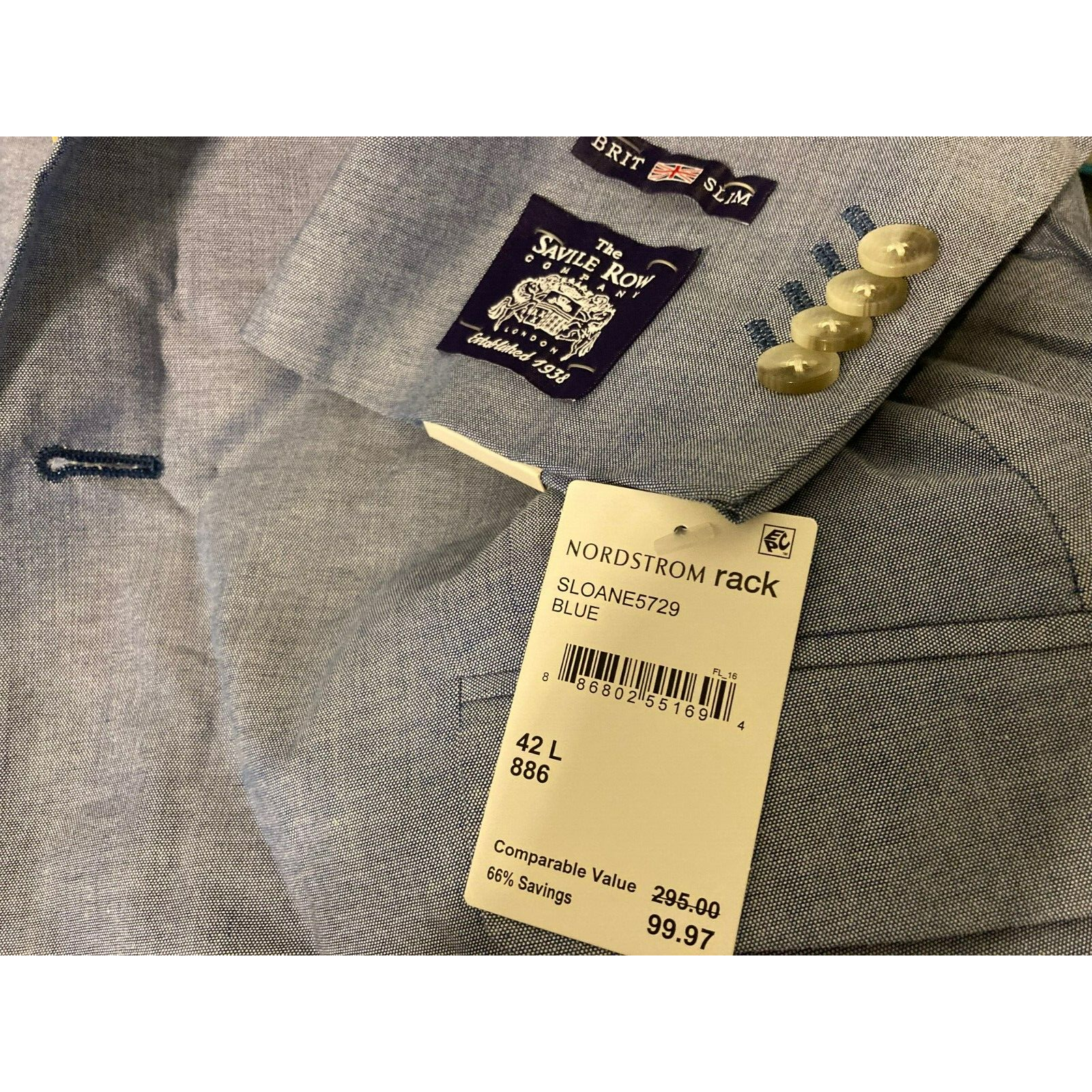 FILA Blazer giacca tuta slim THE SAVILE ROW Sloane Chambray cotone Brit 42L blu nuovo con etichette
