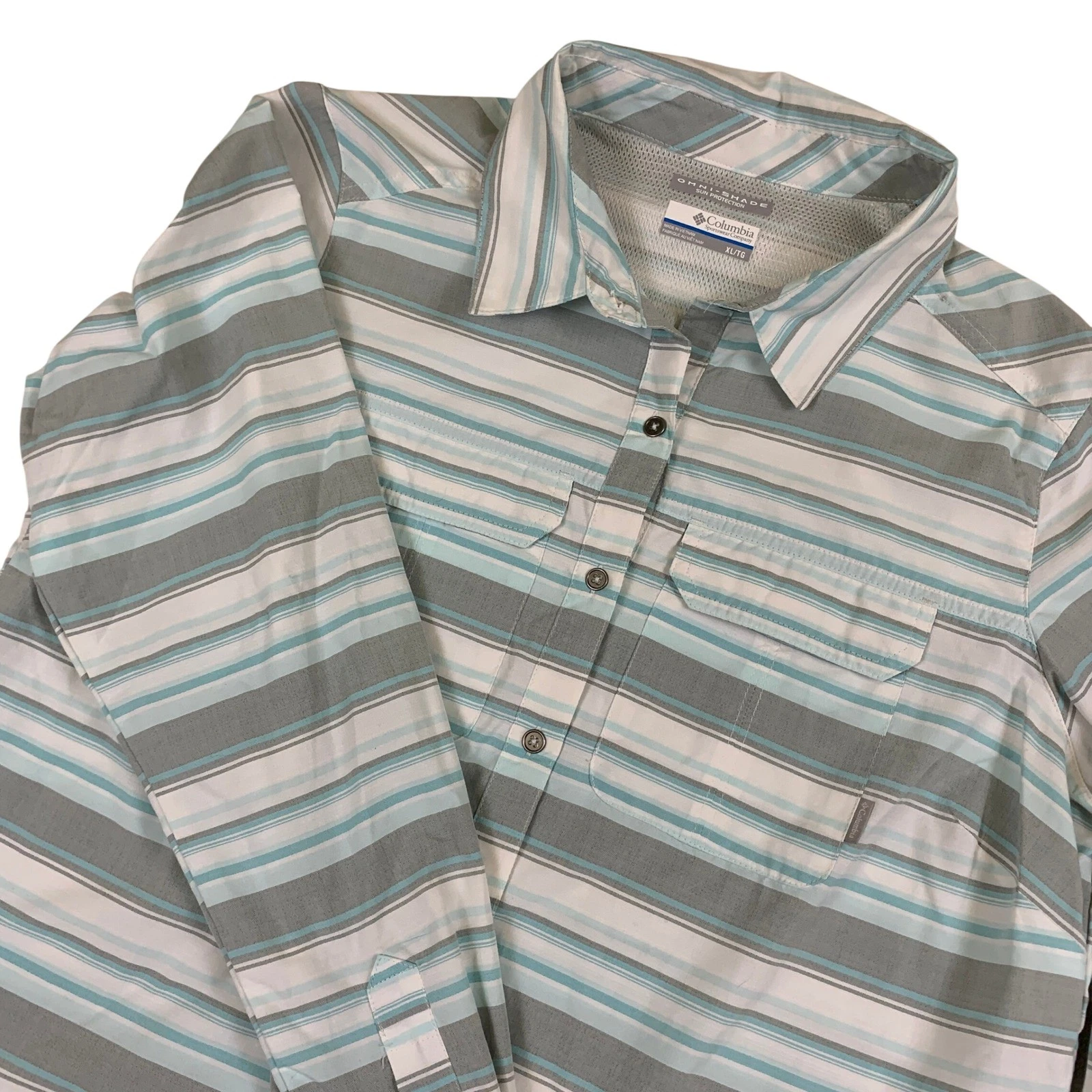 Columbia Omni-Shade Striped Long Sleeve Hiking Shirt Teal Grey Womens XL AL9138