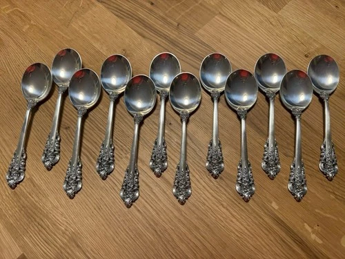 12 Wallace Grand Baroque Sterling Cream Soup Spoon. 533 Grams! Scrap?