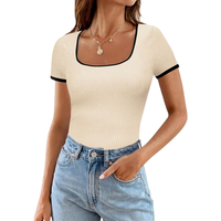 Damen-T-Shirt-Bluse Mit Kurzen ÄRmeln, Gerippt, LäSsig, Beige, XL