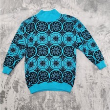 Vintage Andrew St. John Sweater Womens L Blue Black Mock Neck Pullover Holiday