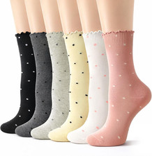 6 Pairs Women's Ruffle Socks Casual Polka Dot Crew Frilly Socks Breathable