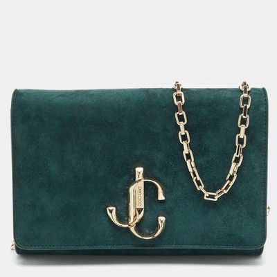 Jimmy Choo Bohemia dunkelgrüne Wildleder-Clutch mit Kette