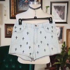 High Waisted Embroidered Denim Goth Blue Women's Jean Shorts with Crosses