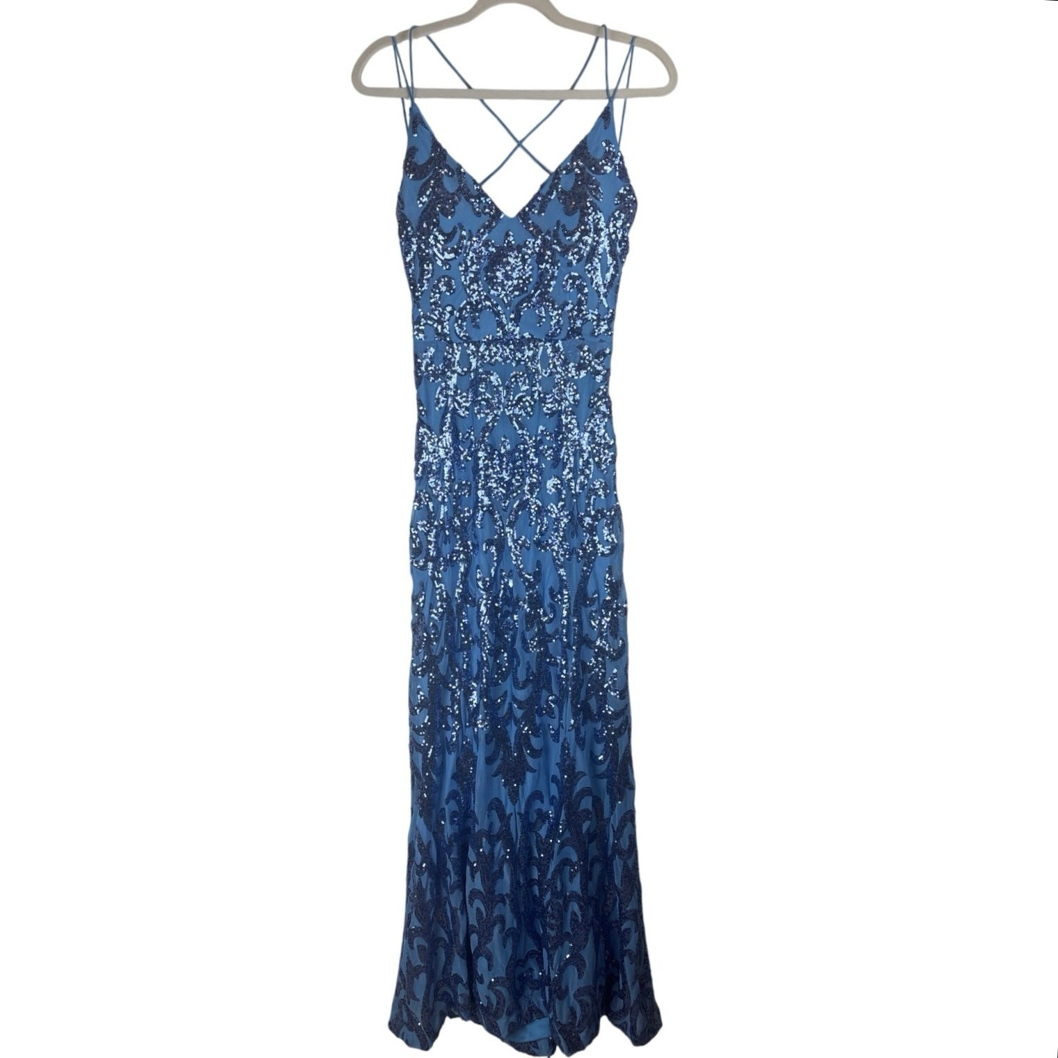 B. Darlin Blue Sequin Formal Dress Floor Length Exposed Back Size M