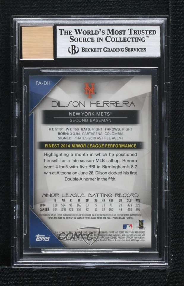 2015 Topps Finest Blue Refractor /150 Dilson Herrera BGS 9 MINT Rookie Auto RC - Image 2 of 2
