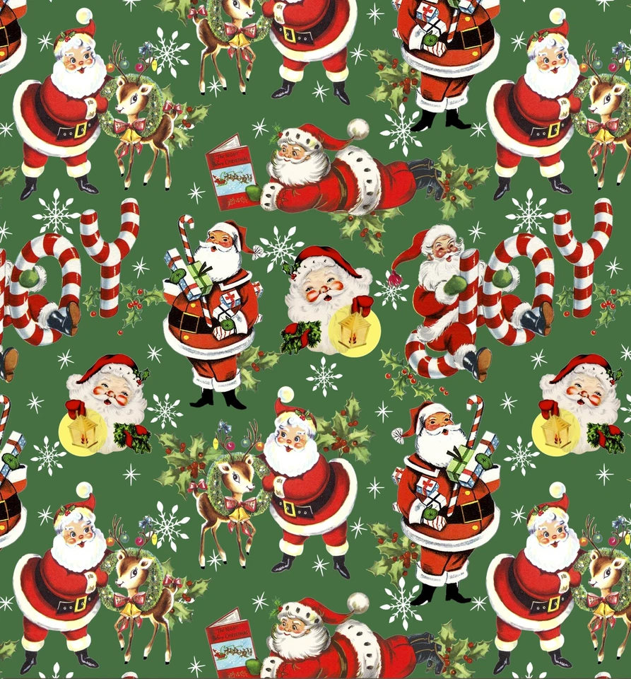DAVID TEXTILES, INC. Christmas Fabric | Retro Busy Santa Claus Reindeer Green | David Textiles YARD