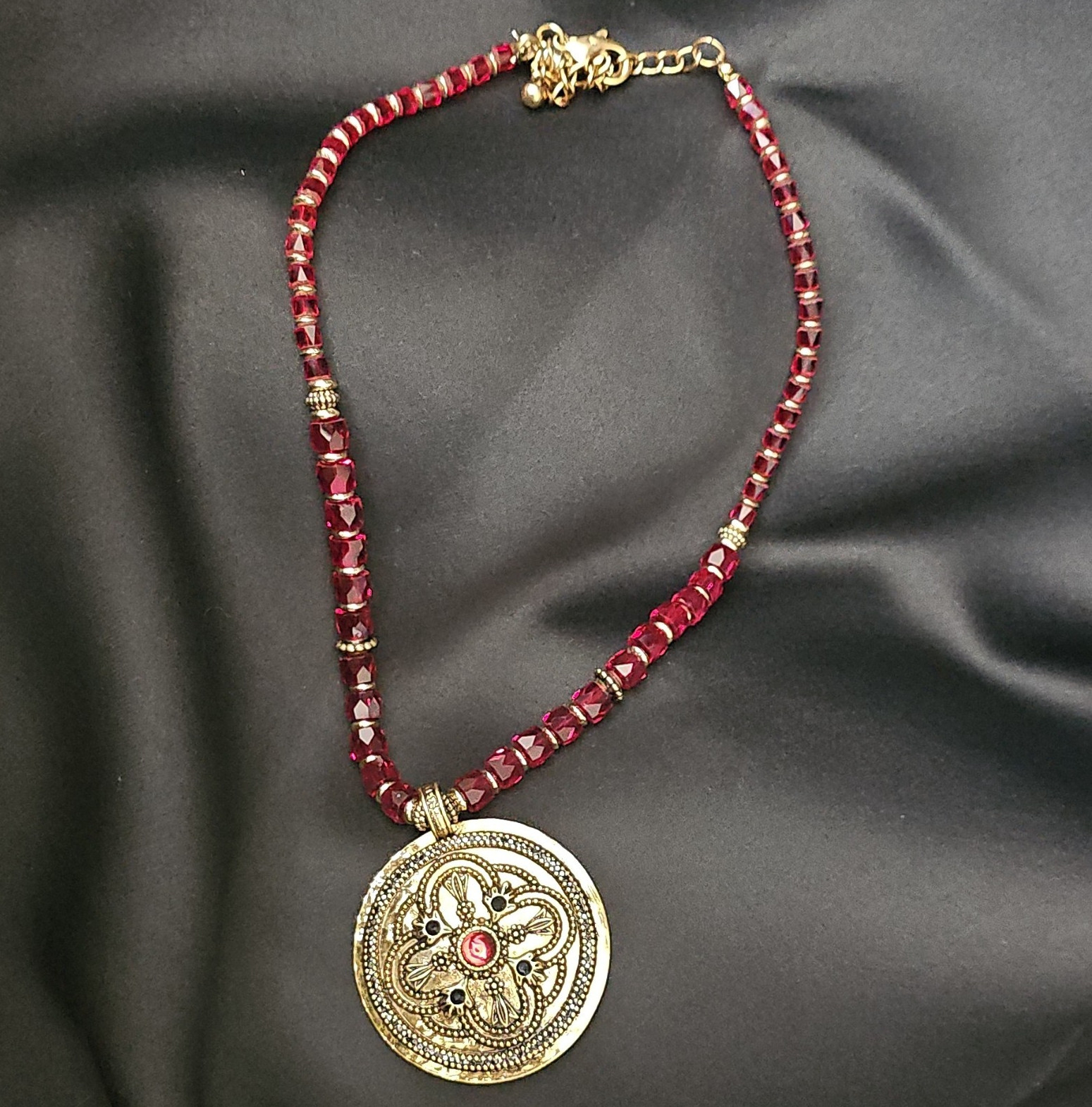 Chico's Red Beaded Necklace Round Gold-Tone Medal Pendant Adjustable Signed
