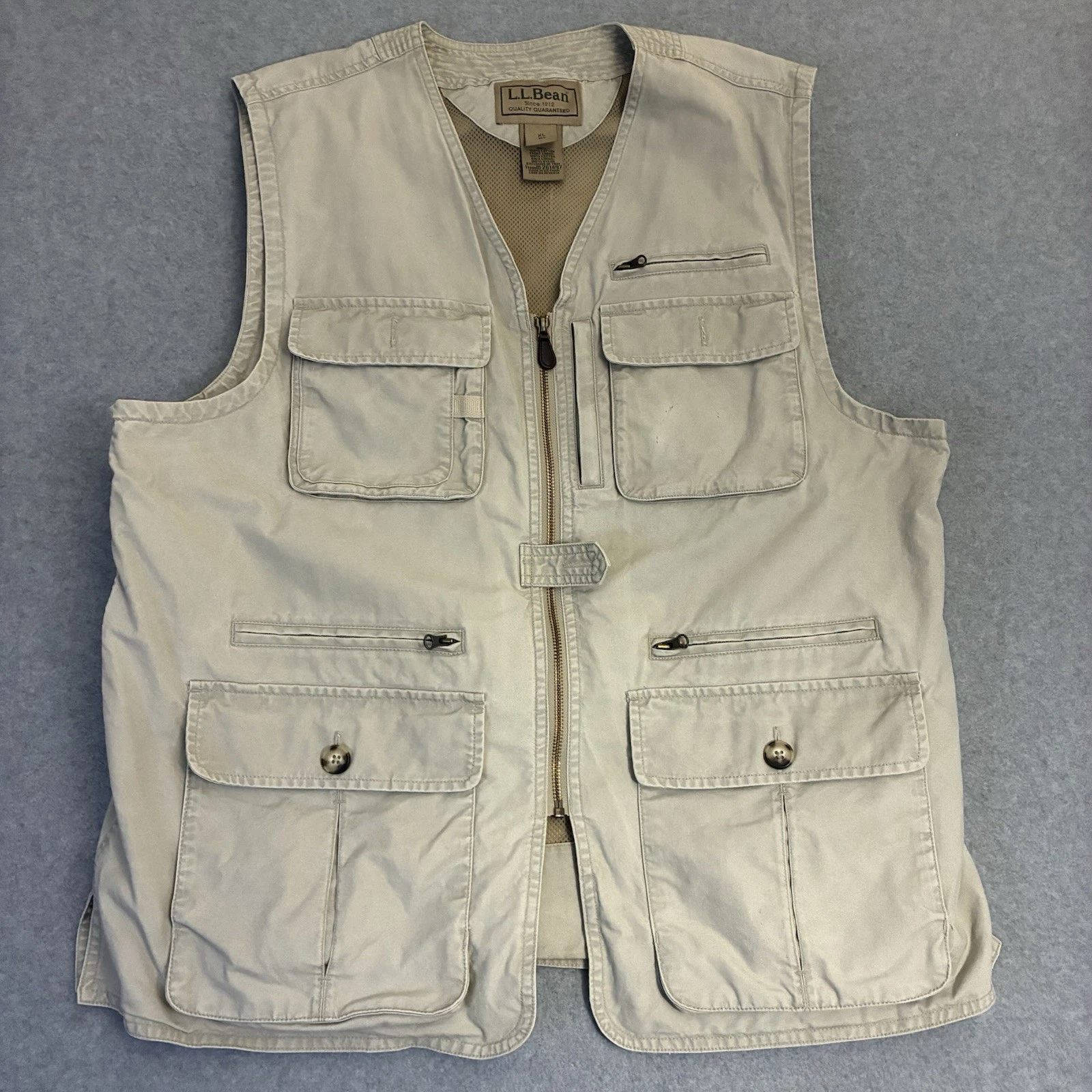 L.L. Bean Vest XL Beige Fishing Utility Safari Pockets Outdoor Hiking