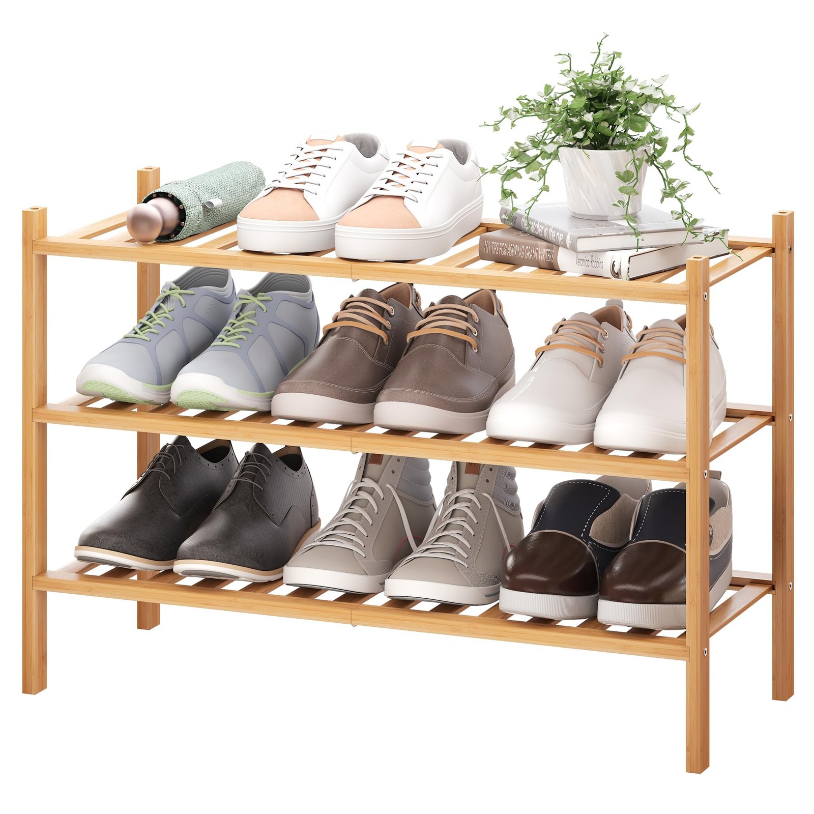 3-Tier Bamboo Shoe Rack Premium Stackable Shoe Shelf Storage Organizer for Ha...