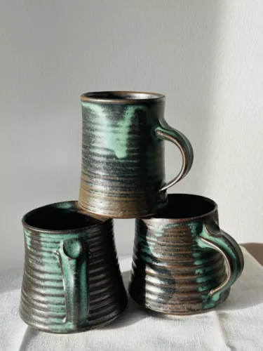 Set of 3 Studio Art Hand Thrown Ceramic Green Drip Glaze Studio Art Pottery Mugs