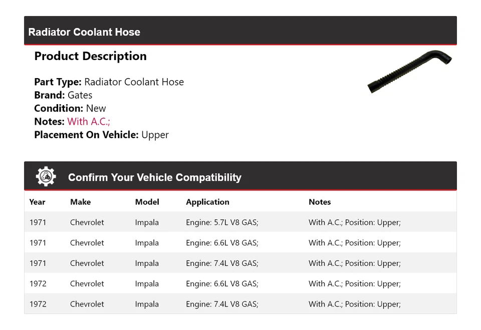 Manguera de refrigerante de radiador puertas superiores para Chevrolet Impala 1971-1972 Foto 2 de 4