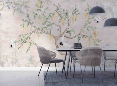 3D Chinese Green Tree White Crane Self-adhesive Removable Wallpaper Murals Wall