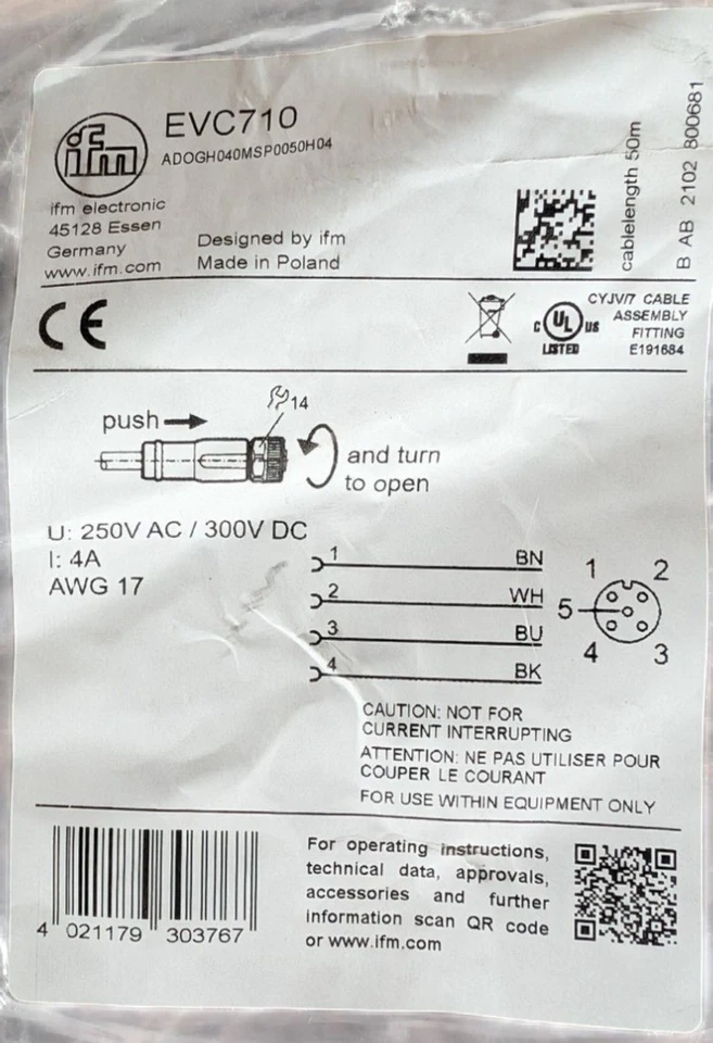 IFM EVC710 Sensor Cable M12 Connector 4-Pin 250V AC 300V DC 17AWG 20m Black - Image 2 of 4