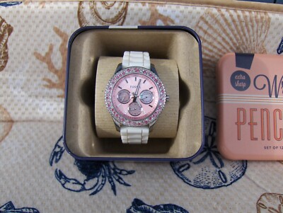 Fossil Stella White Rubber & Pink Multifunction Crystal Women's