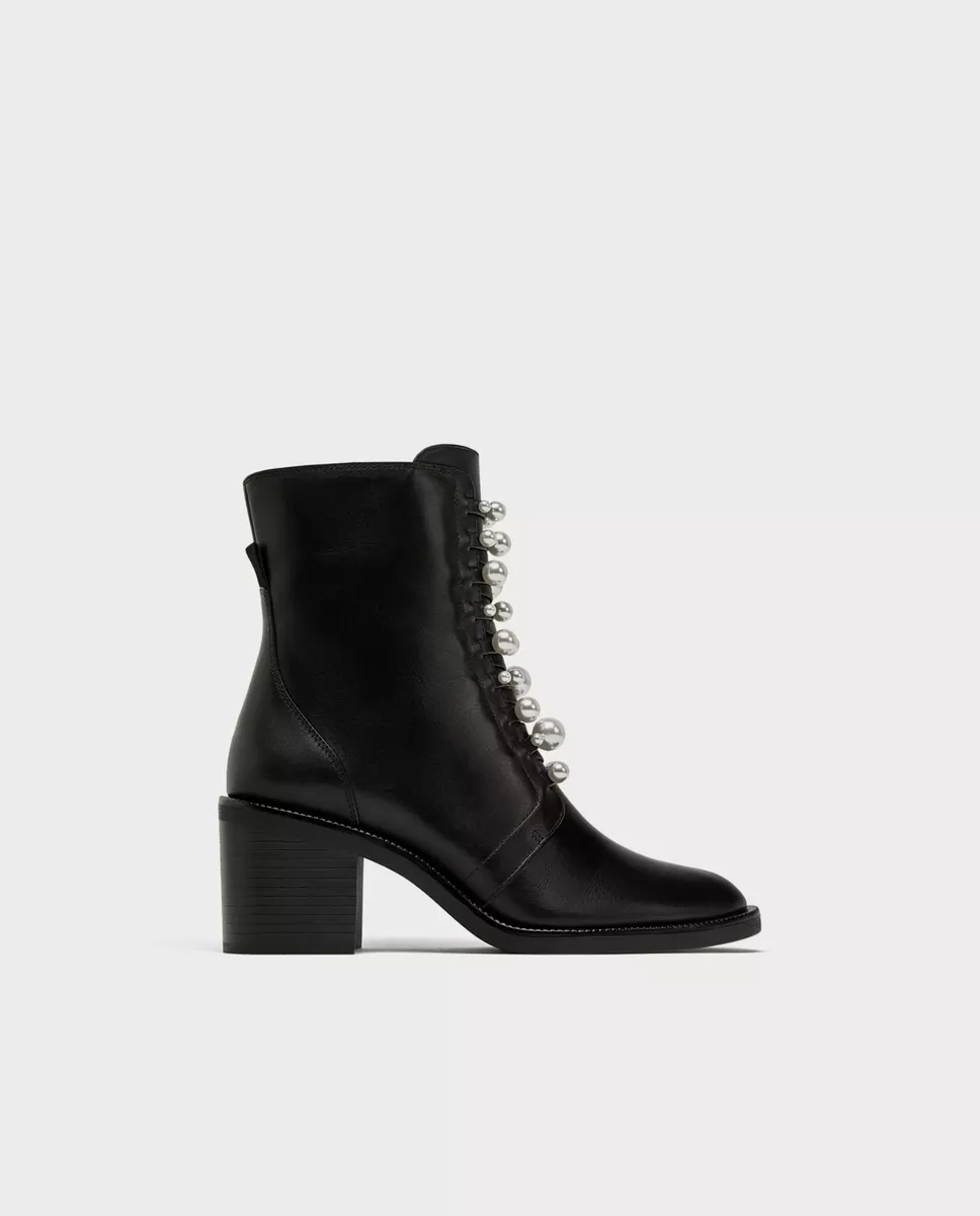BNWT ZARA High Heel Leather Ankle Boots With Faux Pearls REF.5107