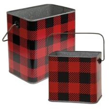 New Farmhouse SET 2 RED BLACK BUFFALO CHECK BUCKET Metal Basket Container