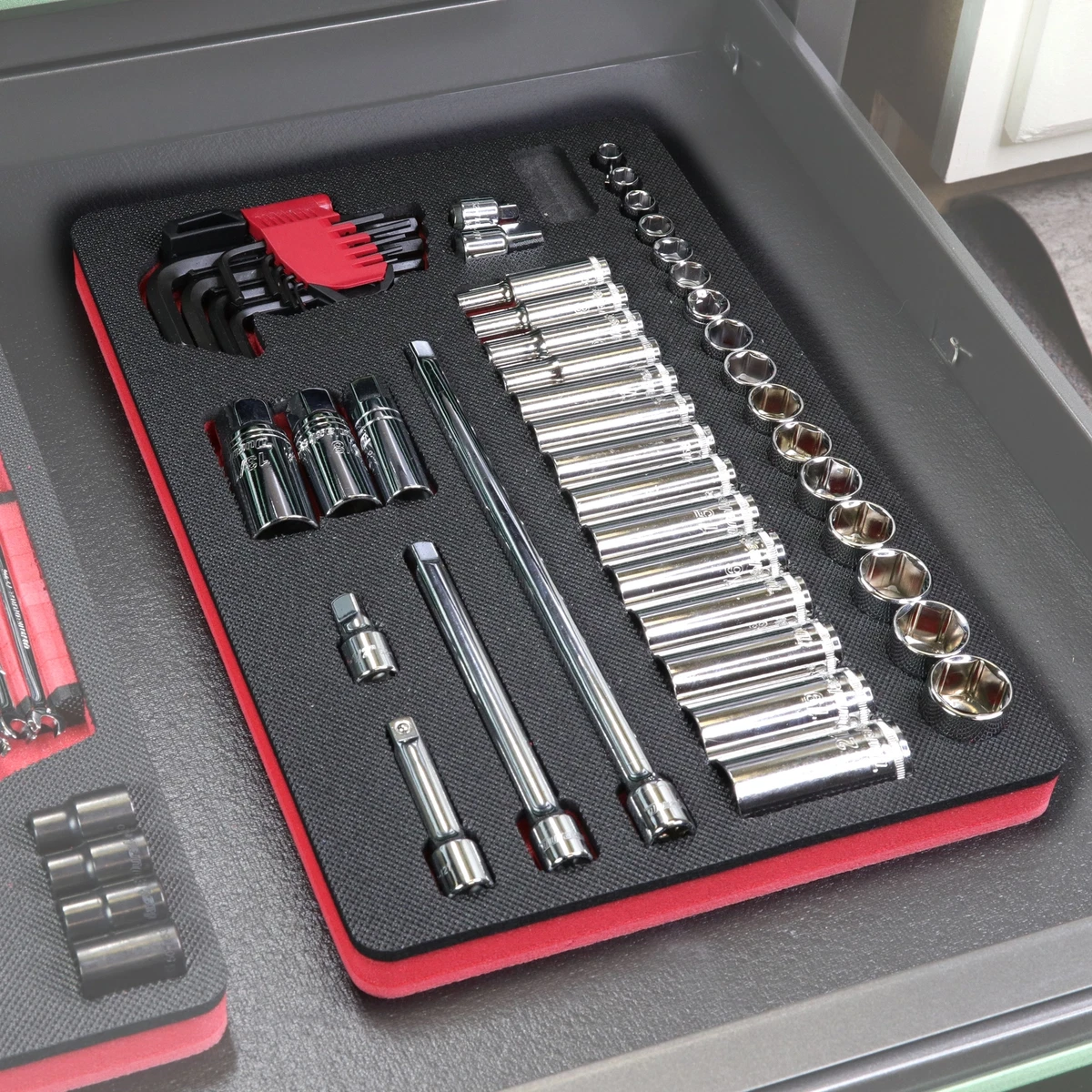 Tool Drawer Organizer Socket and Accessories Holder Red Black Foam Tray  15x10