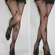 New Skull Crossbone Fishnet stockings black goth alt emo One size